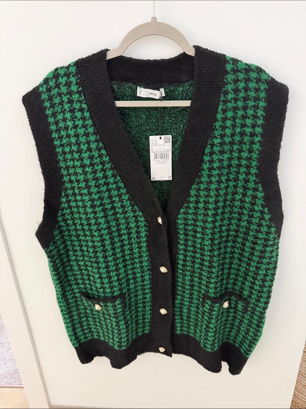 MANGO Green and Black Houndstooth Knit Vest